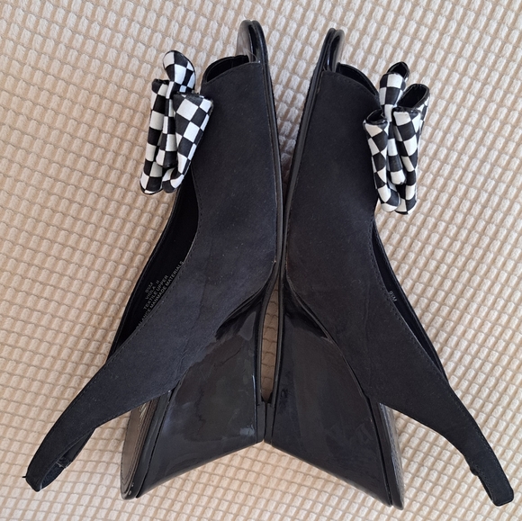 Impo Black  Slingback Wedge with Checkered Bow - Picture 2 of 7